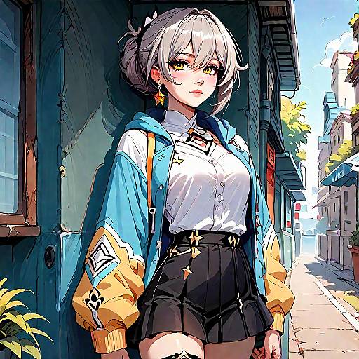 Digital anime-style drawing of a silver-haired woman with yellow eyes, wearing a blue and yellow jacket, white blouse, black skirt, and star earrings,