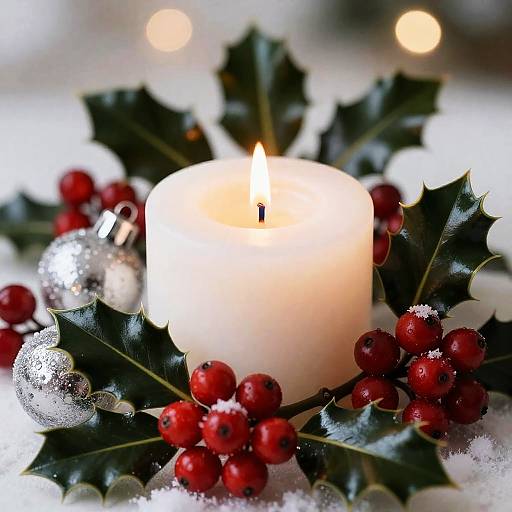 Warm Candle with Holly and Ornaments