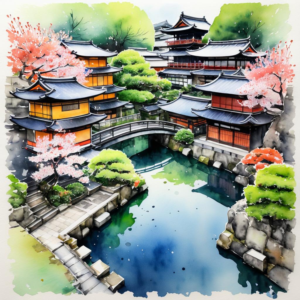 Serene Urban Sketch of Kyoto's Beauty