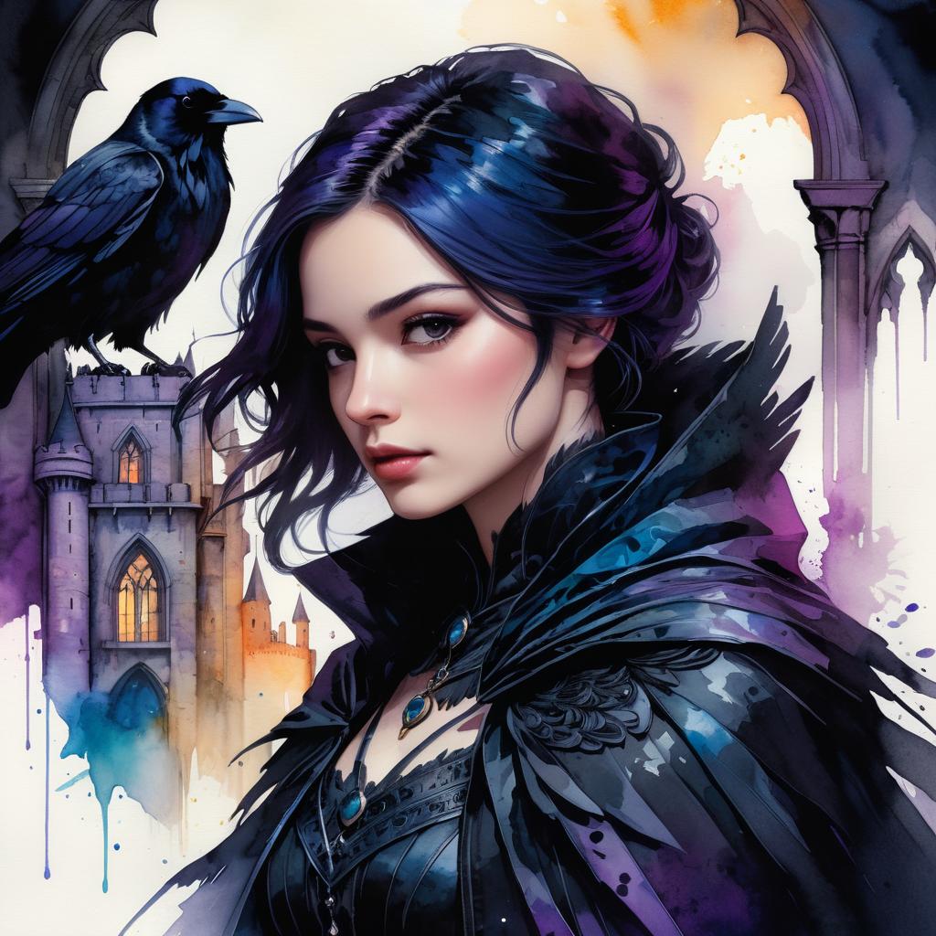 Vibrant Raven Portrait with Gothic Background