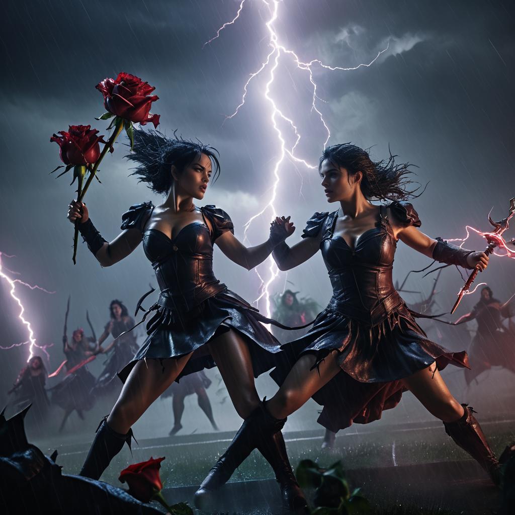 Epic Battle of Demonic Roses in Thunderstorm