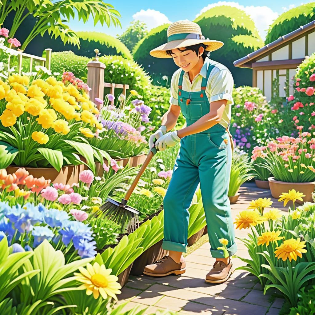 Cheerful Gardener in Vibrant Flower Bed