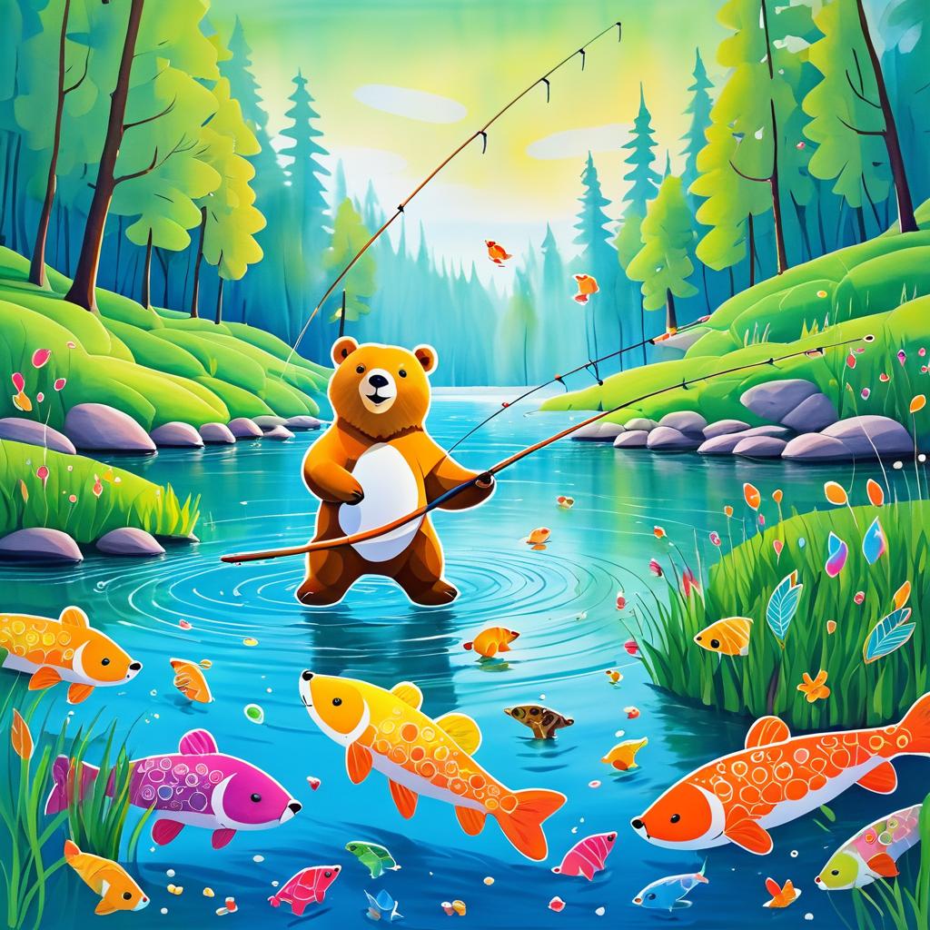 Whimsical Bear Fishing in a Vibrant River