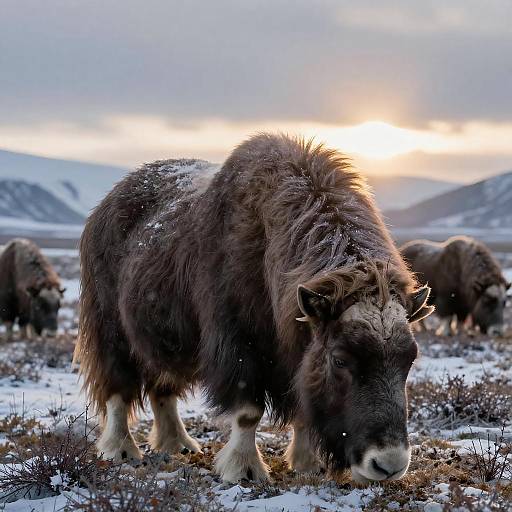 Muskoxen in Twilight Alaska's Snowfall