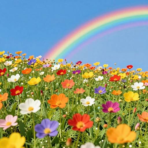 Vibrant photograph of a colorful field of wildflowers, including red, orange, yellow, and purple blooms, with a rainbow arcing across a