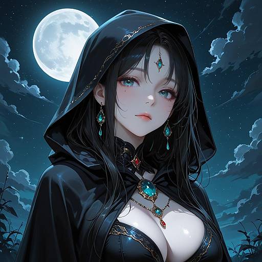 Mystical Woman in Black Hooded Cloak Under Full Moon