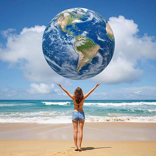 Woman Reaching for Giant Earth Over Beach