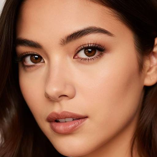 Close-up photograph of a young woman with light brown skin, dark brown eyes, and full lips, wearing subtle makeup, with dark brown hair framing her