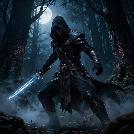 Dark hooded warrior in medieval armor wields glowing blue sword in misty, moonlit forest. Rune-covered trees frame shadowy, mystical scene.