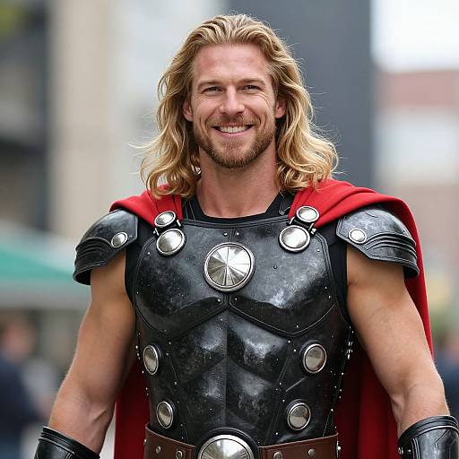 Photograph of a smiling, muscular man with long blonde hair, wearing black medieval armor with silver circular plates, and a red cape, standing in a
