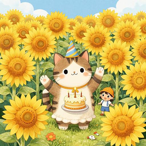 Cute Cat Birthday in Sunflower Field