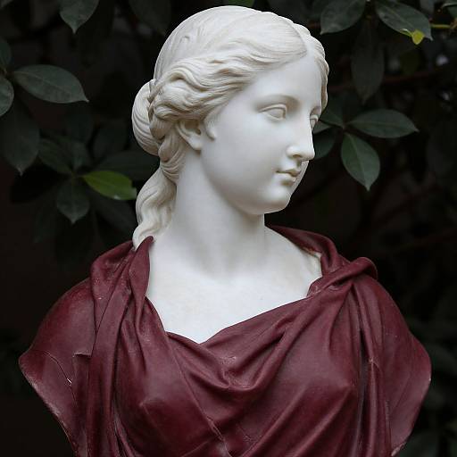 Photograph of a white marble statue of a classical woman with wavy hair, draped in a maroon toga, against a dark leafy background