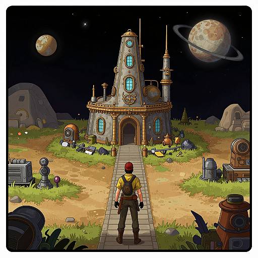 Digital painting: A lone adventurer with red hair and yellow shirt stands on a stone path leading to a whimsical, steampunk-style house under a
