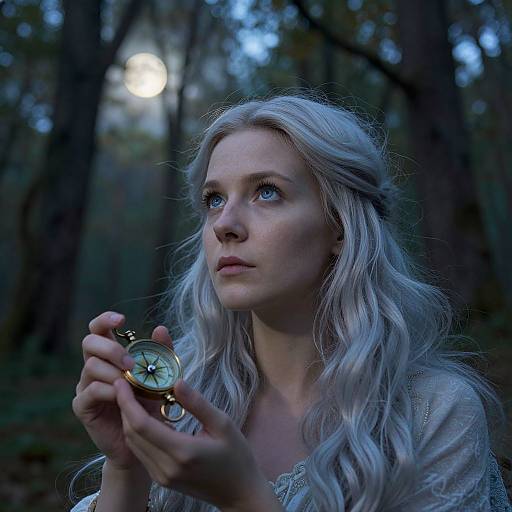 Photograph of a blonde woman with blue eyes, holding a vintage compass in a dimly lit forest at night. Moonlight filters through trees in the