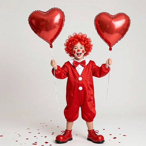Photograph of a curly-haired child in a red clown outfit holding two shiny red heart balloons against a white background.