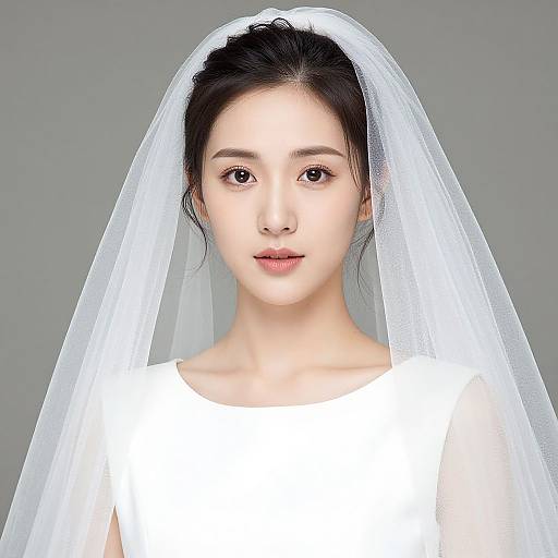 Photograph of an Asian bride with fair skin, black hair in a bun, wearing a white veil and dress, looking directly at the camera against a
