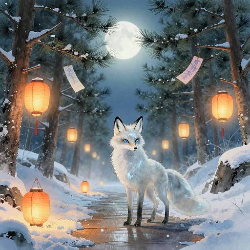 Winter Fox Spirit on Snowy Pine Pathway