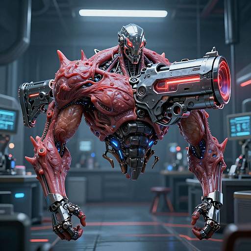 CGI image of a muscular, red, cybernetic creature with glowing red eyes, mechanical arms, and a large, red-lit cannon in
