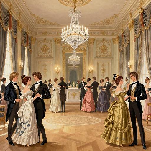 Grand ballroom scene: elegant men and women in 19th-century formal attire dance under crystal chandeliers, surrounded by ornate walls and dr