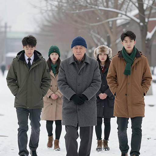 Group of People Walking in Snowy Park