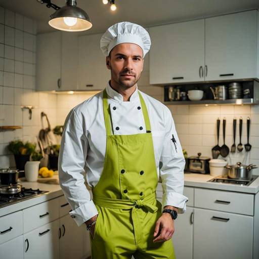 Male Chef in Chartreuse Apron in Modern Kitchen