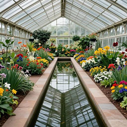 Photograph of a vibrant greenhouse with a central reflecting pool, surrounded by colorful flowers, including red, yellow, and orange blooms, under a glass ceiling