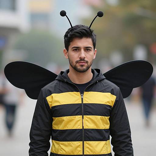 Photograph of a bearded man with dark hair, wearing a black and yellow striped bee costume with black antennae and wings, standing outdoors on a