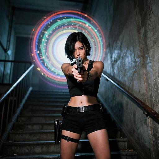 Photograph-style digital art of a fierce, black-haired woman in a black crop top and shorts, aiming a gun at the camera down a dimly