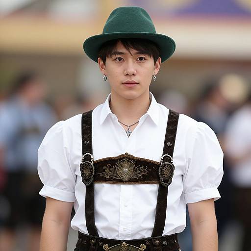 Young Asian man in a green hat, white shirt, and black suspenders with ornate patterns, standing outdoors, blurred background.