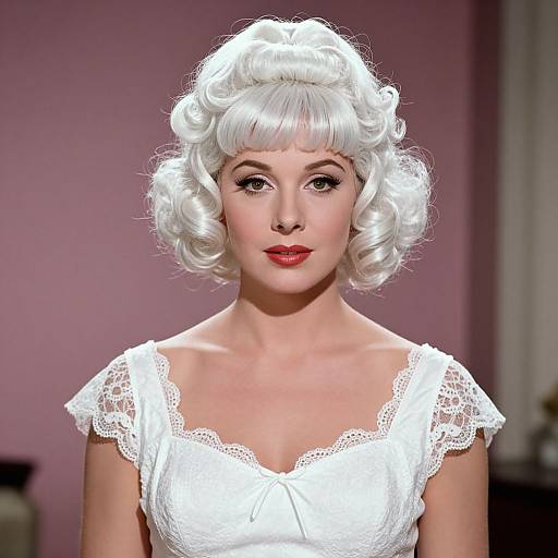 Photograph of a woman with white, curly, 1950s-style hair wearing a white lace dress against a pink background.
