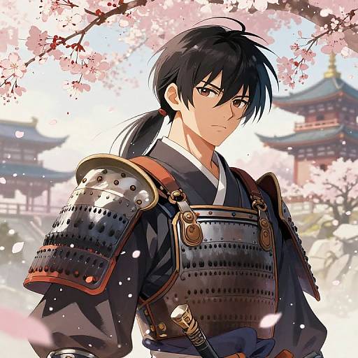 Anime-style digital illustration of a serious, black-haired samurai with a ponytail, wearing detailed armor, standing under blooming cherry blossoms. Traditional