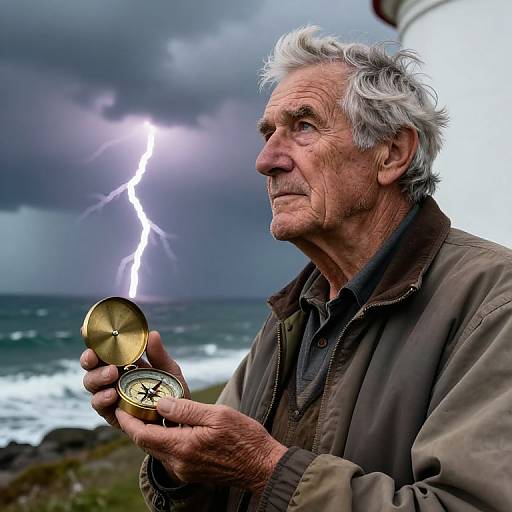 Photograph of an elderly man with gray hair, holding a compass, lightning bolt striking in stormy sky, ocean waves in background.