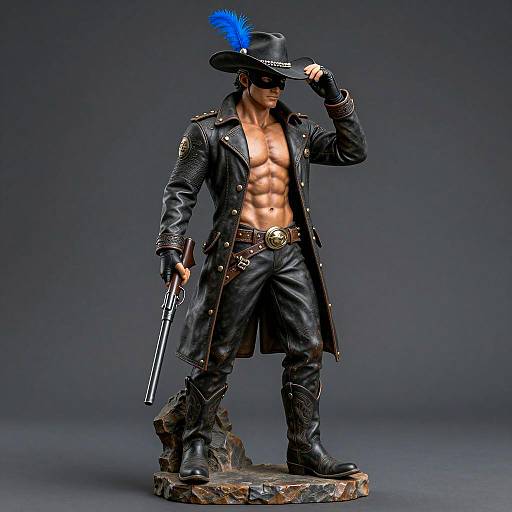 Muscular Cowboy Statue with Blue Feathered Hat