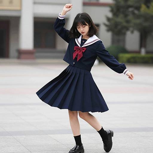 Young Woman Dancing in Navy School Uniform