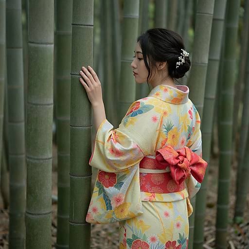 Woman in Vibrant Kimono in Bamboo Forest