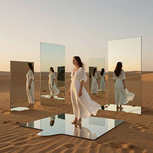 Photograph of a woman in a flowing white dress, walking through a desert mirrored installation, reflecting multiple images, at sunset.