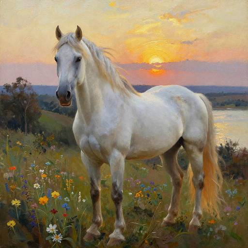 Majestic White Stallion at Sunset