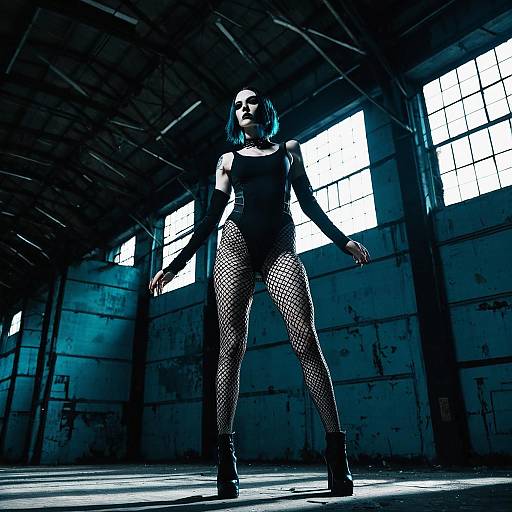 Androgynous Model in Gothic Fishnet Outfit in Abandoned Hangar