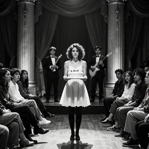 Black and White Stage Performance with Central Female Performer