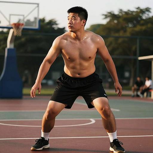 Photograph of a shirtless, muscular Asian man with short black hair, wearing black shorts and sneakers, poised for a basketball shot on an outdoor court