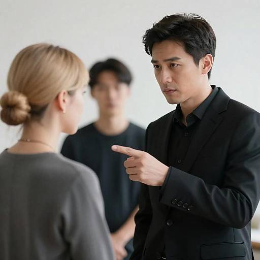 Serious Man Pointing at Woman Indoors