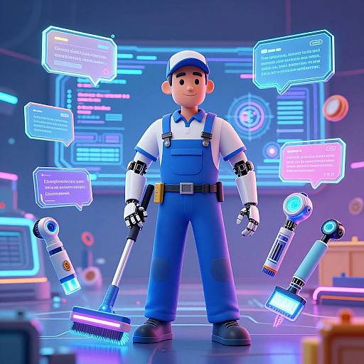 CGI image of a smiling male mechanic in blue overalls and white shirt, standing with glowing brooms in a neon-lit, futuristic workshop.