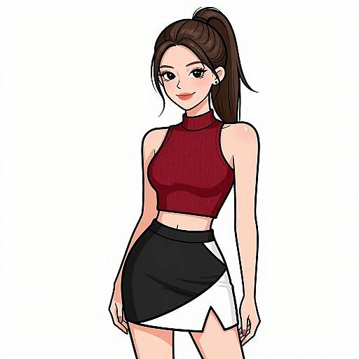 Digital anime-style drawing of a slender woman with fair skin, long brown hair in a high ponytail, wearing a red sleeveless turtleneck and