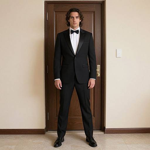 Photograph of a young man with curly dark hair, wearing a black tuxedo, white shirt, black bow tie, and black shoes, standing