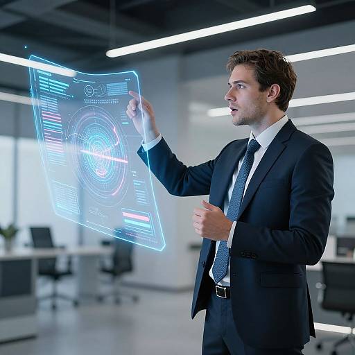 Photograph of a handsome, brown-haired man in a black suit and tie, interacting with a glowing, holographic blue screen in a modern, bright