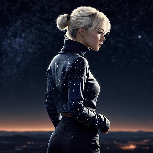 Digital artwork of a blonde woman in a starry black jacket, profile view, twilight sky, hands in pockets, serene expression.