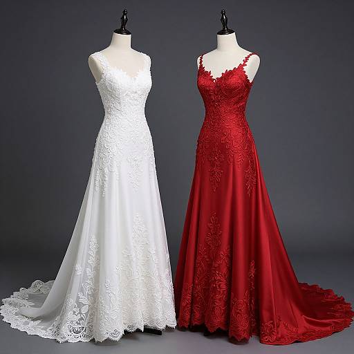 Photograph of two elegant dresses on mannequins: white lace wedding gown with a long train, and red lace evening gown with a lace-tr