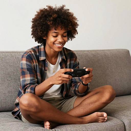 Young Woman Playing Handheld Game Console