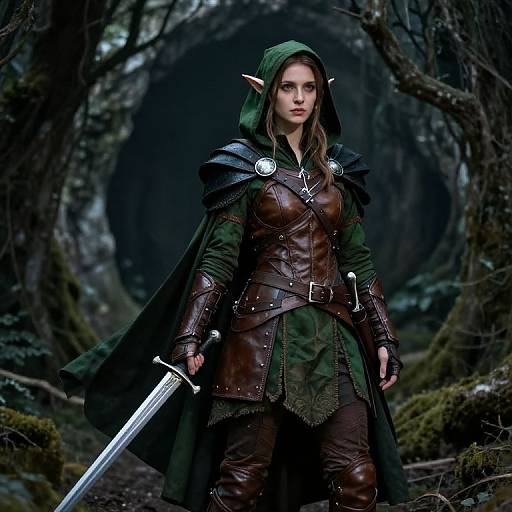 Photograph of a determined, elf-eared woman in dark green hooded cloak, brown leather armor, holding a sword, standing in a dark,