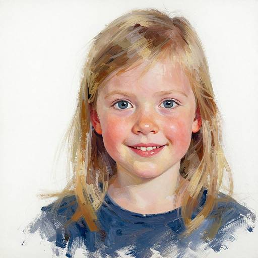 Digital painting of a smiling young girl with blue eyes, blonde hair, fair skin, wearing a dark blue shirt, against a white background.